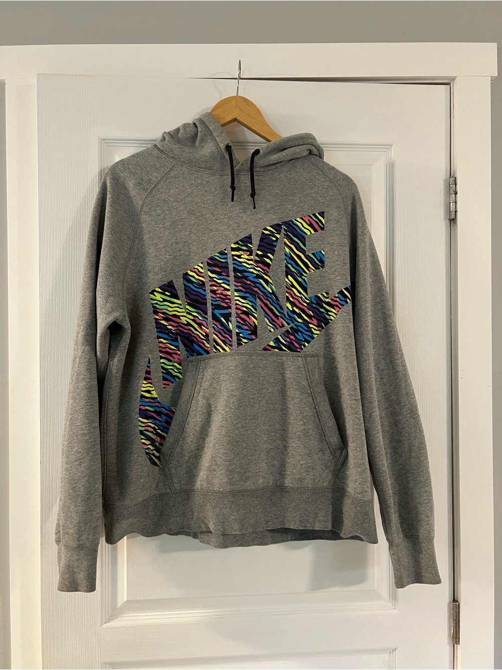 Nike Youth Gray Hoodie with Neon Multicolor Zebra Logo 80s Style